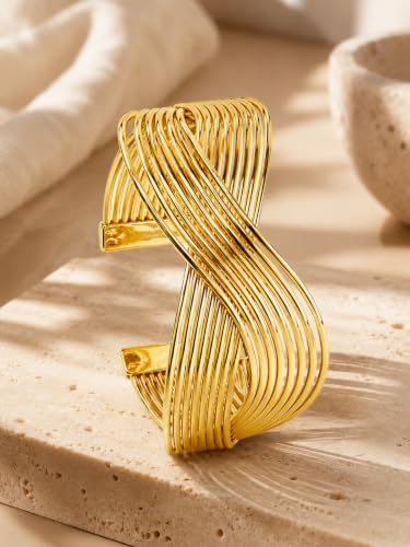 Gold Cuff Bracelets for Women, 14K Gold Plated Open Cuff Bangle Bracelet with CZ Pave, Minimalist Stackable Chunky Gold Bracelet for Women - color: Gold Wide Crossover Cuff