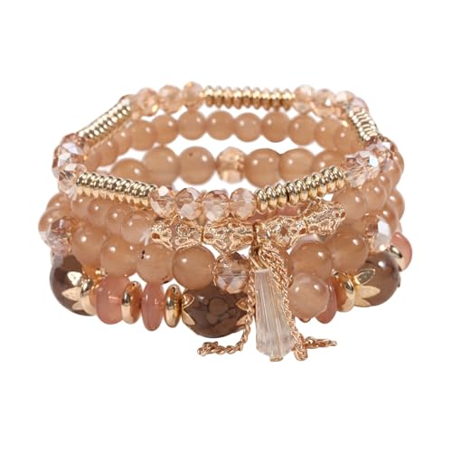 Caiyao 4Pcs Bohemia Multilayer Stackable Beaded Bracelets Set Colorful Crystal Stone Gold Beaded Stretch Bracelets Hawaii Charm Bracelet for Women Men Summer Beach Boho Vacation Jewelry Gifts - color: Brown