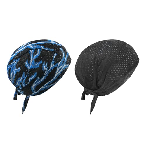 PURFUN Men Women Breathable Cycling Bandana Headscarf Adjustable Sweat Wicking Quick Dry Mesh Head Scarf Wrap Liner Skull Cap - color: 2pcs/Black+blue