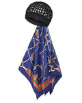 Soft Headbanf Wrap Cap & Silk Like Satin Scarf Combo - 2 in 1 Silk Press Wrap for Hair, Sleeping & Travel - color: Navy Lines