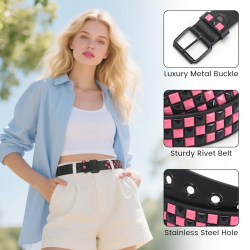 Studded Belt, Metal Punk Rock Rivet belt with Bright Pyramid Studded for Women Men - color: Fuchsia, size: Fit Pant 40-45 Inch