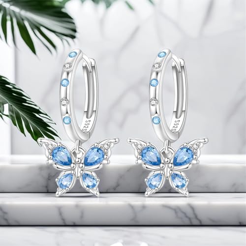 925 Sterling Silver Dangle Earrings for Women, Butterfly&Bee Animals Design, Hypoallergenic Jewelry gifts - color: Blue stone inlaid butterfly earrings