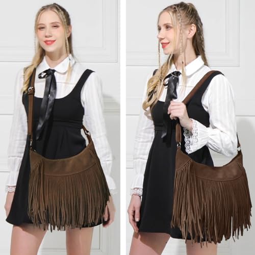 Sunwel Fashion Women Fringe Hobo Bag Western Purse Shoulder Bag Vegan Suede Tassel Hippie Crossbody Bag - color: Coffee