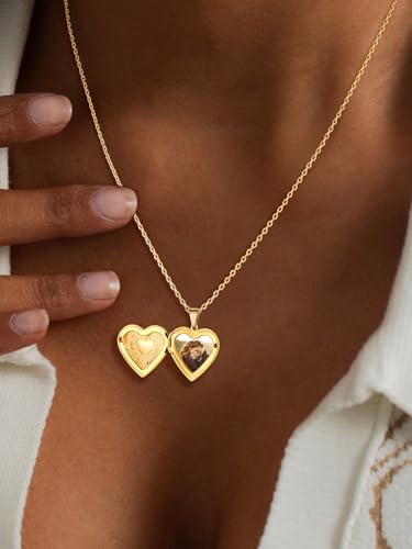 U7 Women Locket Necklace Platinum 14K Gold Photo Lockets that Hold Picture,Chain 20 Inch Personalized Gift Custom Love Heart Image Necklaces - color: gold