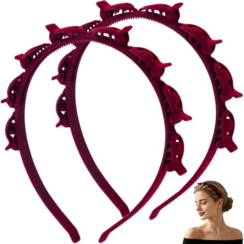2 Pcs Headband with Clips, 90s Butterfly Hair Clips Headband with Teeth for Women, Braided Weave Bangs Non-Slip Clip Headbands Hair Accessories for Styling Decoration- Flocked Red - color: 2 pcs,Red