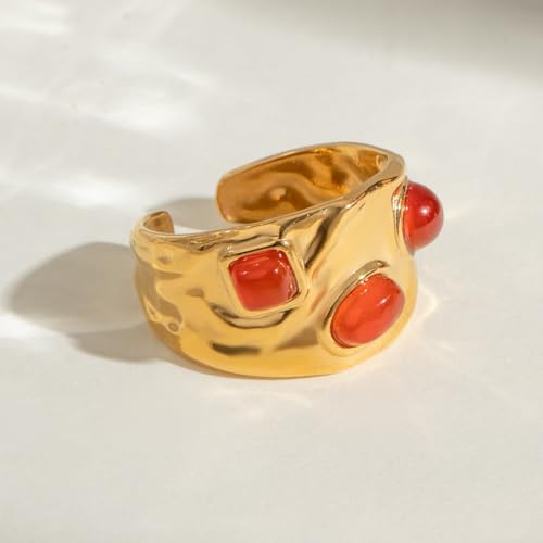 Boho Red Heart Gold Band Rings Pearl Ring, Dainty Adjustable Statement Rings, Open Wrap Stackable Finger Ring Gold Fashion Jewelry Gifts for Women - color: Gold Solid Ring - Red Heart
