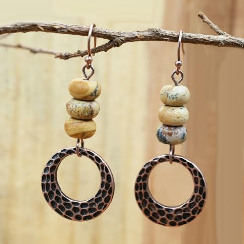 Boho Earrings for women, Hammered Copper Earrings, Bohemian Beaded Gemstone Rustic Jewelry, African Opal Earrings Handmade - style: Hammerd Thick Hoop