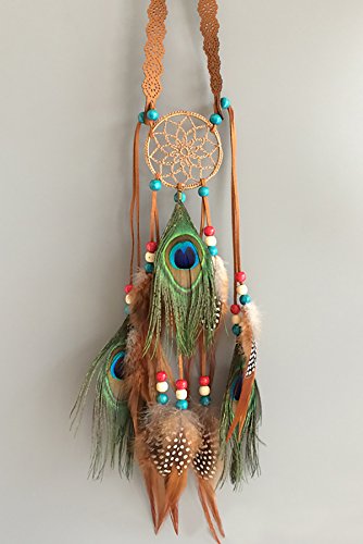 Women Lady Bohemian Peacock Feather Headband Dreamcatcher Headdress Hippie Headpiece Headwear Handmade Tribal Indian Fascinator Feather Hairband Hair Accessories - color: brown