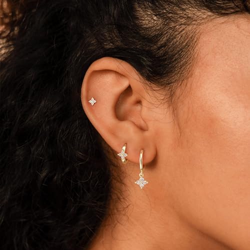 3 Pairs Small Earring Stacks, 14K Gold/Silver/Black/Rose Gold Plated Pearl Heart Butterfly Star Diamond Charm Drop Huggie Earrings Trendy Jewelry Gift for Women - color: Gold-Clover