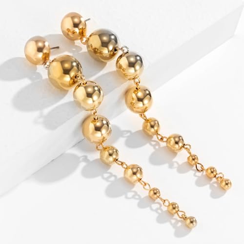 Dainty Gold Beaded Ball Dangly Earrings for Women, Statement Simple Silver Round Beads Long Tassel Drop Dangle Earring Party Prom Accessories Jewelry Gift - color: Gold
