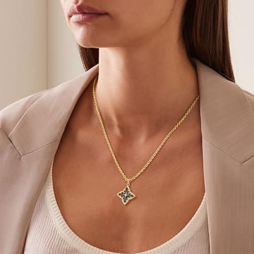 Fettero Gold Clover Necklace for Women Dainty 14K Gold Plated CZ Pendant Necklace Adjustable Chain Choker Charm Colorful Clover Pendant Lucky Necklaces for Women Jewelry - color: Black - mother of pearl