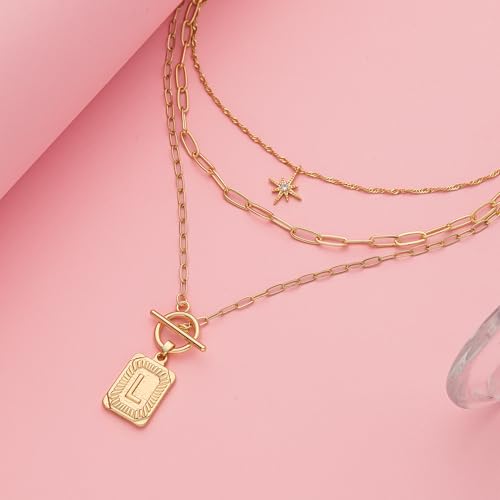 Paxuan Dainty Gold 3-Layer Personalized Initial Necklace for Women - 18K Gold Layered Letter Pendant Necklace Adjustble Paperclip Chain Choker Necklace Jewelry Gifts with Star Charm - style: Letter L