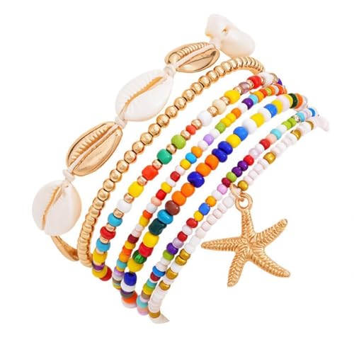 Vivian&CD Boho Shell Anklets Bracelet for Women Waterproof, Gold Layered Seashell Starfish Puka Shell Anklet, Adjustable Colorful Beaded Stack Stretch Bead Bracelet Set, Fashion Beach Foot Jewelry for Hawaii Summer Vacation - style: Starfish2