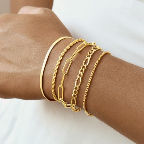 Gold Bracelets for Women, 14K Gold Plated Stackable Bracelet Stack Set Adjustable Charm Paperclip Chain Snake Link Layered Waterproof Jewelry Sets Gifts - style: Bracelets Set /1