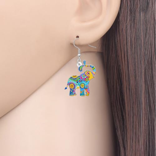 BONSNY Colorful Acrylic Elephant Dangle Earrings Bohemian Tribal Floral Design Boho Jewelry Gifts for Women Funny Novelty Hypoallergenic Spring Summer Gifts Accessories - color: Turquoise