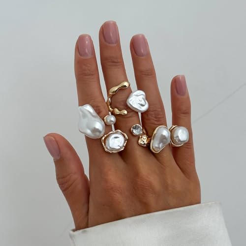 Chunky Gold Pearl Rings for Women Vintage Baroque Pearl Rings Set Open Stacking Pearls Ring Set Irregular Geometric Pearls Ring Boho Prom Costumes Fashion Jewelry Accessories - style: 4PCS B
