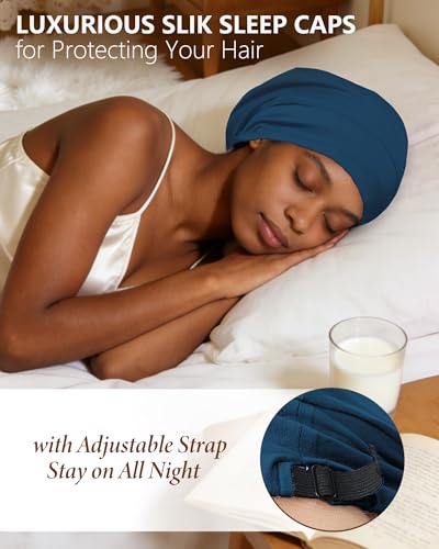 100% Mulberry Silk Bonnet for Sleeping Women Men, Real Silk Lined Bonnets for Curly Hair, Braid Sleep Cap Black Womens - color: Steel Blue + Black Lining
