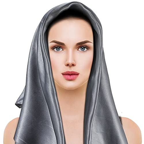 SATINIOR 35 Inch Silky Head Scarf 2 Pcs Large Square Neck Scarf Sleeping Hair Wrapping Satin Bandana for Women - color: Dark Grey, Olive, style: Classic