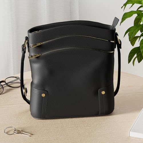 ALYSSA Triple Zip Pocket Large Crossbody Bag - color: Black