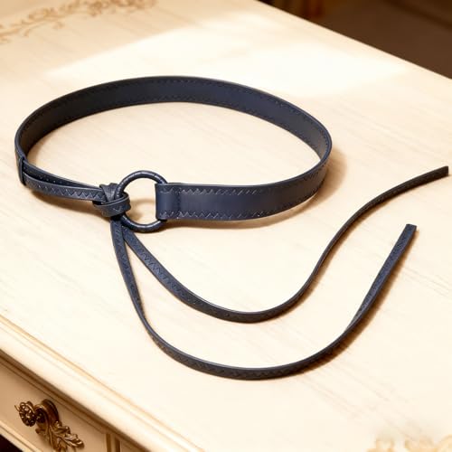 Knotted Waist Belt for Women PU Leather Thin Strap Belt for Dresses - color: Navy Blue