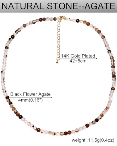 Simple Choker Necklace for Women Real Stone and Crystals Necklaces 4mm Beaded Choker Jewelry Meditation Gift for Women (16"+2") - style: Black Flower Agate