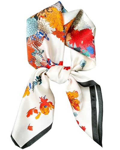 Saiusloa Neck Scarf For Womens Silky Head Scarves Hair Bandanas Square Scarf Fashion Accessories lightweight - color: 23-white Flower Pony