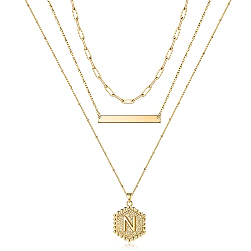 Turandoss Layered Initial Necklaces for Women, 14K Gold Plated Bar Necklace Handmade Layering Hexagon Letter Pendant Beads Chain Necklace Layered Necklaces for Women Jewelry Gifts - style: N
