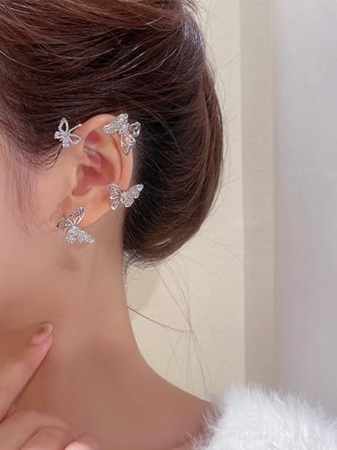 2Pcs Rhinestone Butterfly Earrings Ear Cuffs Non-Pierced Fake Earrings Butterfly Climber Wrap Around Earring Dainty Adjustable Ear Clip Jewelry for Women - color: Style8-silver