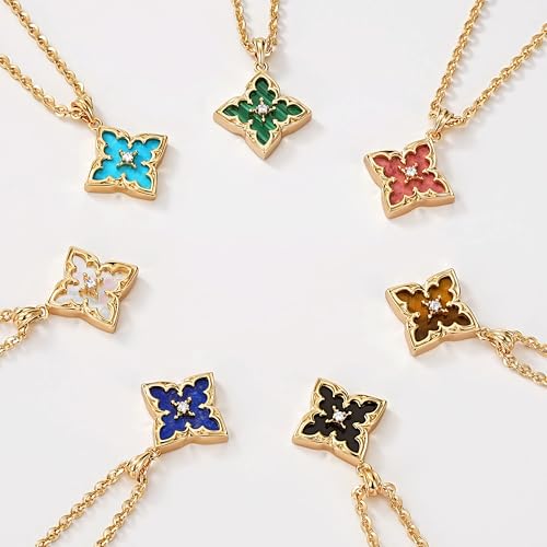 Fettero Gold Clover Necklace for Women Dainty 14K Gold Plated CZ Pendant Necklace Adjustable Chain Choker Charm Colorful Clover Pendant Lucky Necklaces for Women Jewelry - color: Malachite-green