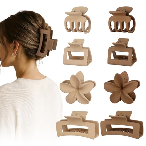 8 Pcs Matte Hair Clips for Women, Strong Hold Non-Slip Claw Clips for Girls, Flower Hair Clips for Thin Hair, Rectangle Claw Clips for Thick Hair, Neutral Colors Hair Accessories（Cream & Beige ） - color: White