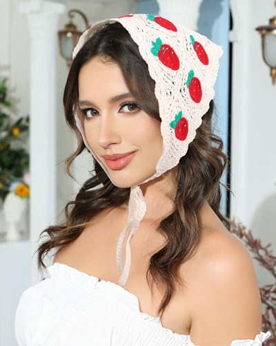 AWAYTR Crochet Head Scarf Hair Bandanas Women Knit Bandana Headband Scarf Tie-Back Head Coverings Floral Headscarf - color: Black Cherry + White Cherry + White Strawberry