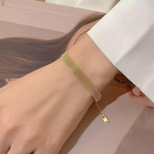 Fanmusic 18K Gold Plated Mesh Bracelet for Women, Adjustable Stainless Steel Wristband, Hypoallergenic Tarnish Resistant Everyday Jewelry Gift