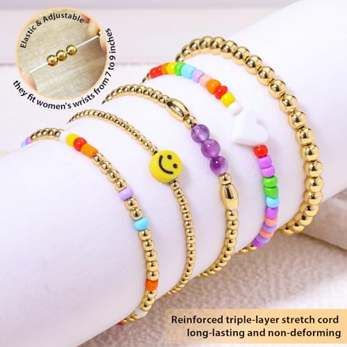 Gold Beaded Bracelets for Women: 14K Gold Bracelets for Women Trendy Dainty Gold Ball Bracelet Stack for Womens - Boho Stretch Bracelets Jewelry Sets with Cross Fashion Accessories Gifts for Women - style: Orange Heart