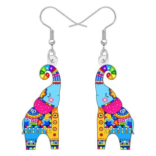 BONSNY Colorful Acrylic Elephant Dangle Earrings Bohemian Tribal Floral Design Boho Jewelry Gifts for Women Funny Novelty Hypoallergenic Spring Summer Gifts Accessories - color: Muiti