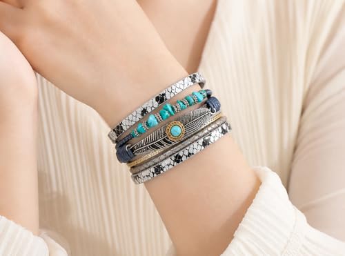 Boho Layered Bracelet for Women – Green Crystal Beaded Wrap Bracelet with Gold Clasp, Multi-Strand Hypoallergenic Statement Jewelry - color: Turquoise Multi Layer