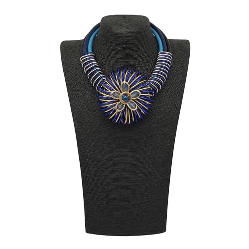 Statement African Necklace For Women African Jewelry Costume Earring Sets Tribal Fashion Colorful Big Rhinestone Crystal Pendent Collar Choker Bold Chunky Bib Handmade - color: Flower blue
