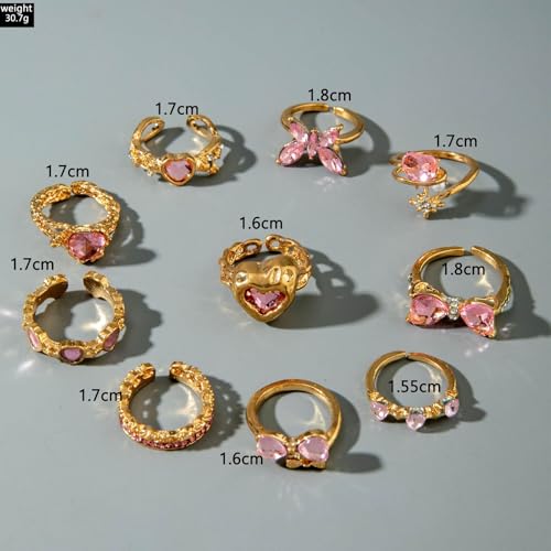 Gold Rings for Women Non Tarnish Stackable Rhinestone Moon Star Rings Dainty Stacking Pearl Butterfly Midi Pinky Thumb Joint Finger Knuckle Ring Set Gold Non Tarnish Jewelry Gifts Trendy Stuff - color: O Gold Bow Rings 10Pcs
