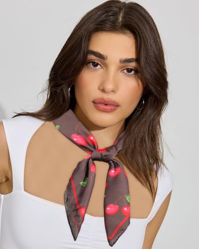 AWAYTR 27.5” Square Satin Head Scarf Hair Scarf for Women's Hair Silk Bandana for Women Silk Head Wrap for Sleeping - color: Brown+cherry
