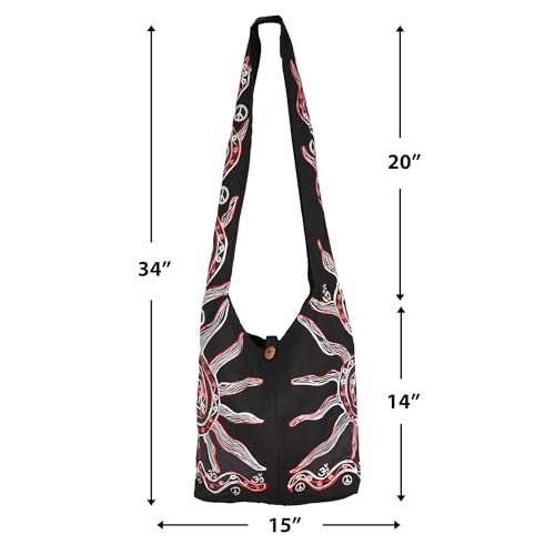 Mandala Crafts Hippie Bag, Large Boho Hobo Purse for Women, Crossbody Shoulder Sling Bags for Indie Style Bohemian Accessory - style: Black Sun