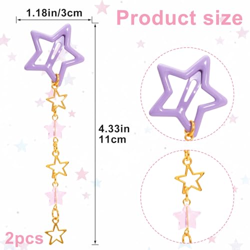 Pndeyo 2pcs Star Tassels Hair Clips for Women, Non-Slip 2000s Y2K Hair Snap Barrettes, Cute Star Beaded Pendant Hair Pin Accessories for Braid Long Short Thin Thick Hair- Purple - color: Purple-2pcs