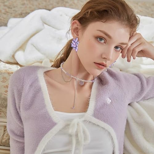 Bohemian Statement Sparkly Colourful Fancy Rhinestone Crystal Flower Dangle Drop Stud Earrings Vintage Wedding Bridal Prom Earrings for Women - color: Light Purple