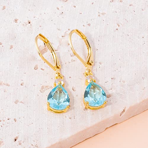 CiNily Teardrop Leverback Dangle Earrings for Women Hypoallergenic 14K Gold Plated Cubic Zircon Drop Earrings Fashion Crystal Earrings for Girls Jewelry Christmas Gifts - color: Gold-Blue CZ