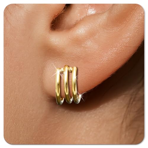 Small Cartilage Double/Triple-Hoop Helix Conch Piercing Earrings With Cubic Zirconia For Women Trendy 14K Gold Plated Titanium Surgical Stainless Steel Sets Nose Rings Hoops Septum Rings - color: 14K Gold, style: E-4Pairs-16Gauge-Triple hoop