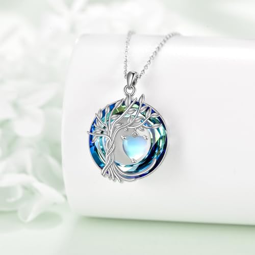 POPLYKE Mothers Day Gifts for Mom Her Wife Tree of Life Necklace 925 Sterling Silver Birthstone Pendant with Crystal Anniversary Birthday Wedding Jewelry for Women - color: 06-Jun-Moonstone, style: White Gold Plated-Blue Crystal