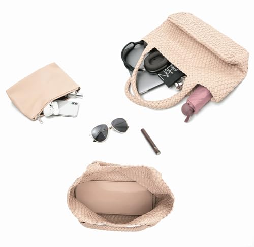 Handmade Woven Tote Bag for Women, Soft Vegan Leather Shoulder Bag with Purse, Large Travel Handbag - color: Nude-beige