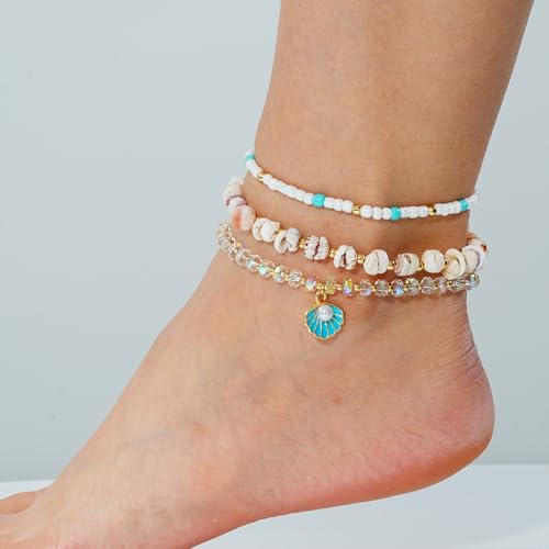 RISHEGAE Shell Anklet Bracelets for Women 14K Gold Plating Boho Bead Anklet Adjustable Womens Anklets Stretch Summer Beach Shell Drawstring Starfish Daisy Anklets Accessories Jewelry Gifts