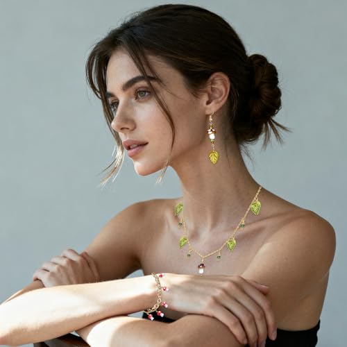 3 Pcs Mushroom Jewelry Necklace Set, Funky Earrings Mushroom Earrings for Women, Green Leaf Necklace & Bracelet, Whimsical Jewelry Glass Glaze Mushrooms Gifts Stuff for Holiday