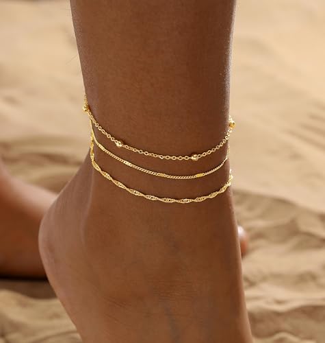 2/3 PCS Gold Anklets for Women Waterproof Cuban Link Anklet Beaded Bracelets Stackable Bracelets 14K Gold Plated Custom Jewelry Gifts Non Tarnish Lightweight - style: Gold Anklet 08