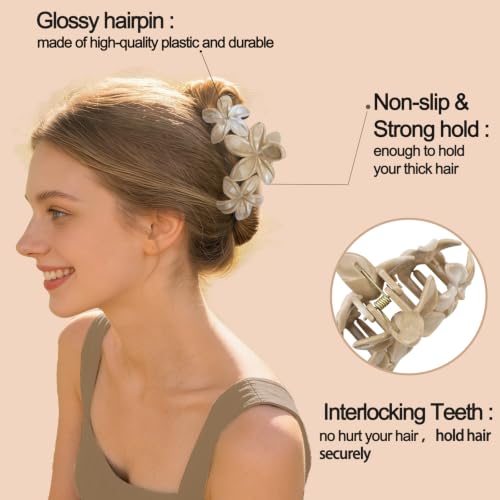 4Pcs Hawaiian Flower Claw Hair Clips for Women Cute Black Large Claw Clips for Thick Thin Hair Brown Plumeria Beach Hair Accessories for Women and Girls - color: 09-Colorful