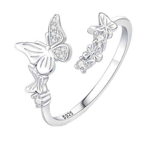 PARCOM Adjustable Women Stackable Ring, 925 Sterling Silver Open Rings - Trendy Eternity Cubic Zirconia Stackable Band Engagement Promise Ring for Her, Hypoallergenic Non Tarnish Nature Bird Floral Thumb Rings - color: Butterfly Swarm